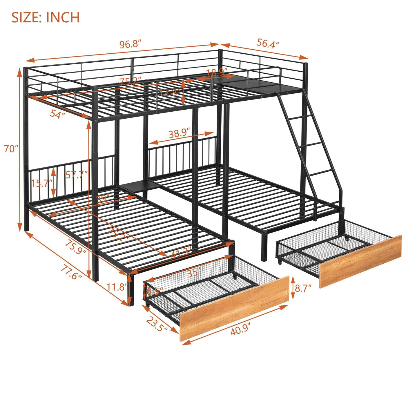 Triple Bunk Bed With Drawers And Guardrails by Unique Piece Furniture