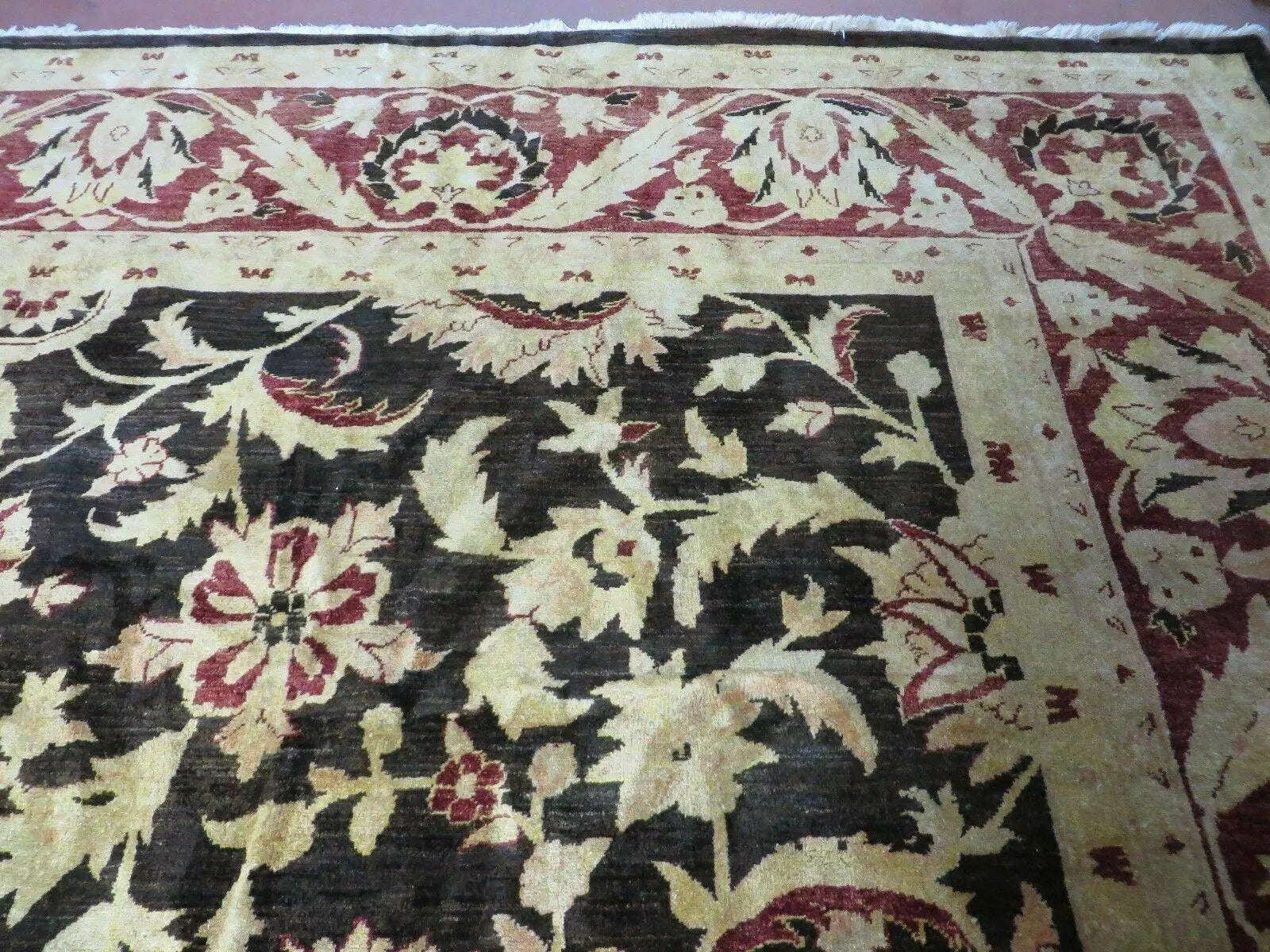 11' X 15' Vintage Hand Knotted Indian Agra Wool Rug Hand Made Dark Brown Floral by Jewel Rugs