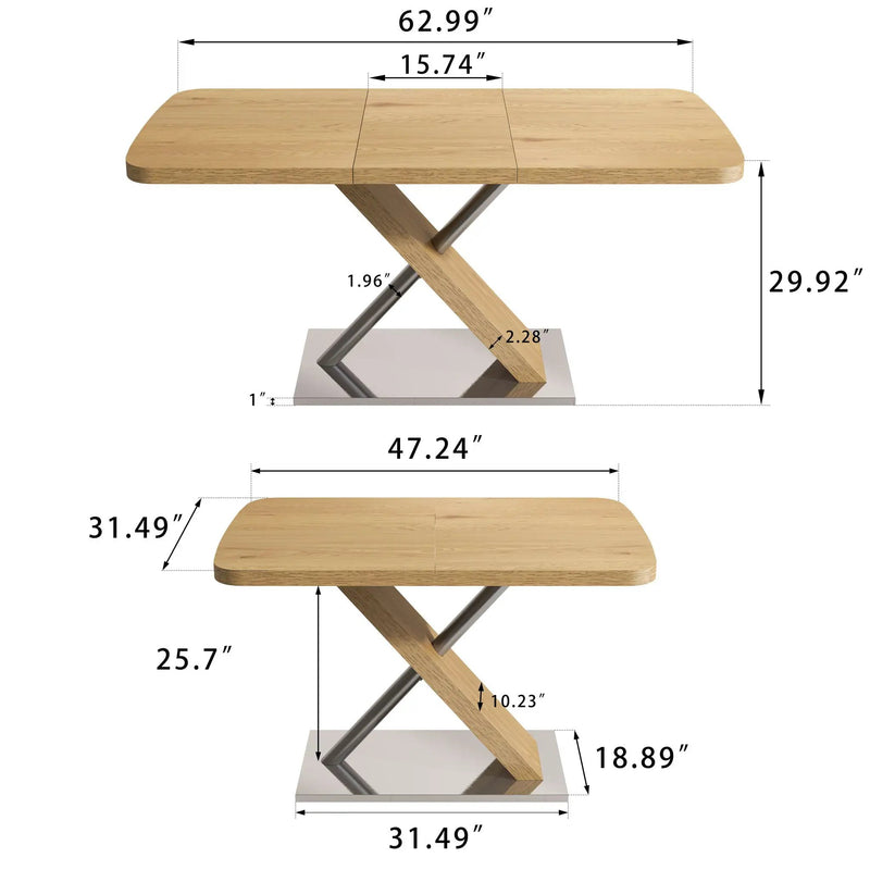 Retractable Square Dining Table, Seating 4 - 6 People, Cross Base With Stainless Steel Tubing, Expandable - Natural by HouseOfZazla