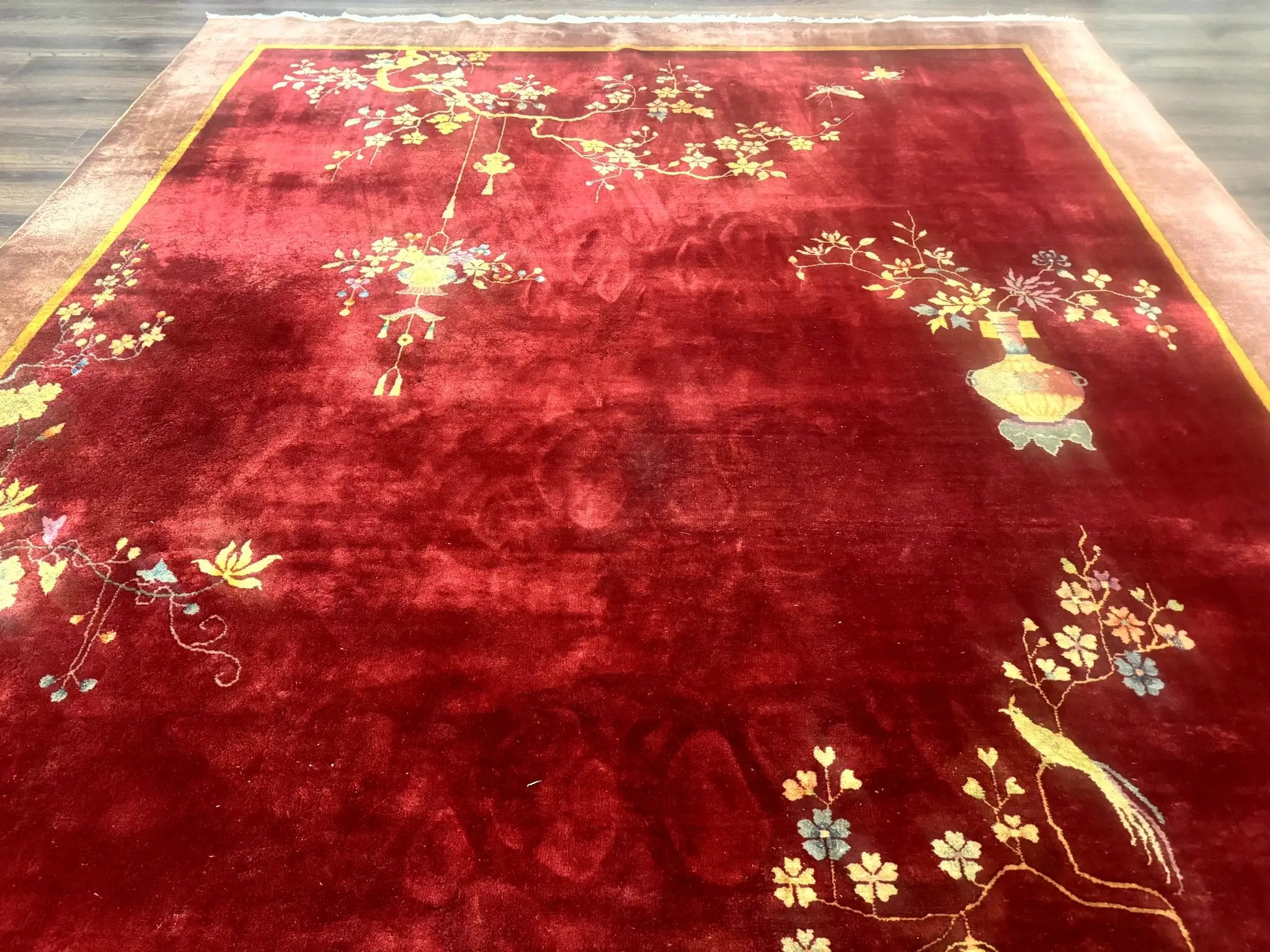 Red Chinese Art Deco Rug 9x11, Simple Design, Wool Chinese Area Rug, Antique by Jewel Rugs