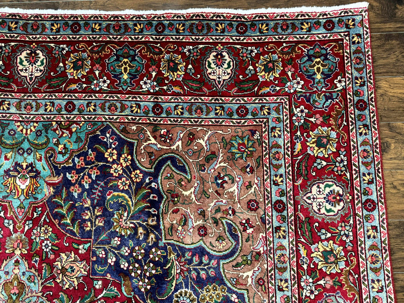 Wonderful Persian Tabriz Rug 10x14, Antique Persian Carpet, Handmade Wool Rug, Floral Medallion, Red Navy Blue, Colorful, Large Persian Area Rug by Jewel Rugs