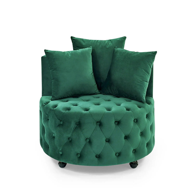 Modern Upholstered Swivel Chair With Button Tufted Design And Movable Wheels by HouseOfZazla