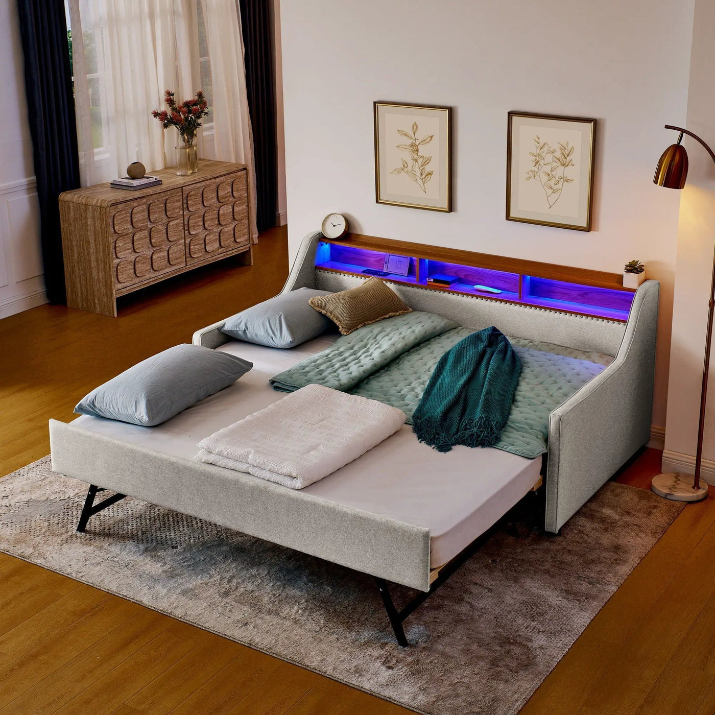 Upholstered Sofa Bed With LED Lights, Storage Headboard, Foldable Trundle & Wireless Charging by HouseOfZazla