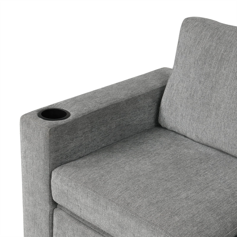 Modern 2 Seater Loveseat Sofa With Pull-Out Bed, Fabric, Built-In USB Ports & Cup Holders