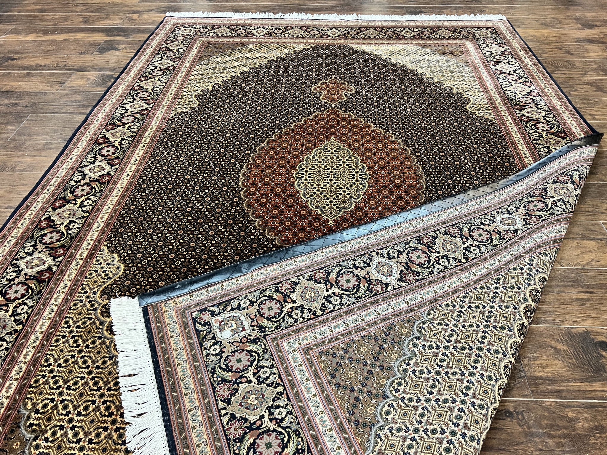 Persian Tabriz Rug 7x10, Very Fine 330 KPSI 50 Raj, Black and Beige, Handmade Wool Vintage Persian Carpet by Jewel Rugs
