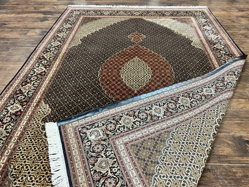 Persian Tabriz Rug 7x10, Very Fine 330 KPSI 50 Raj, Black and Beige, Handmade Wool Vintage Persian Carpet by Jewel Rugs