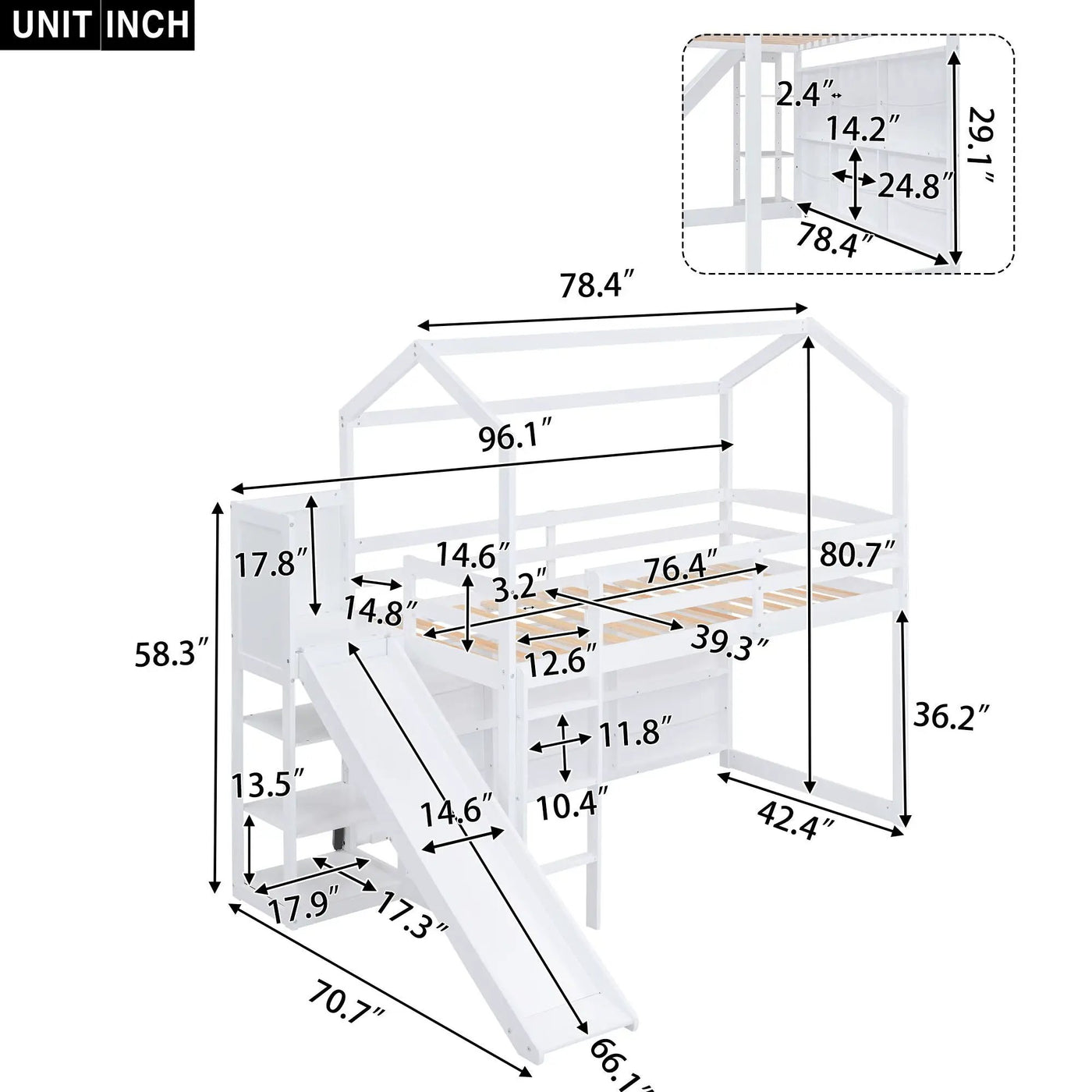House Loft Bed With Slide, Storage Shelves And Light, Climbing Ramp by HouseOfZazla