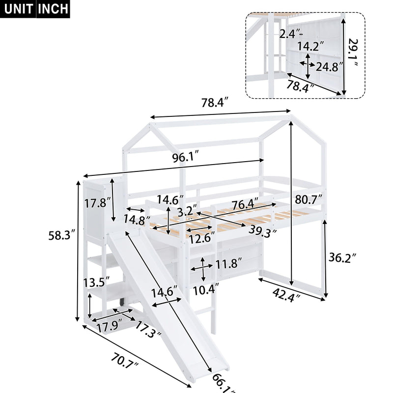 House Loft Bed With Slide, Storage Shelves And Light, Climbing Ramp by Unique Piece Furniture