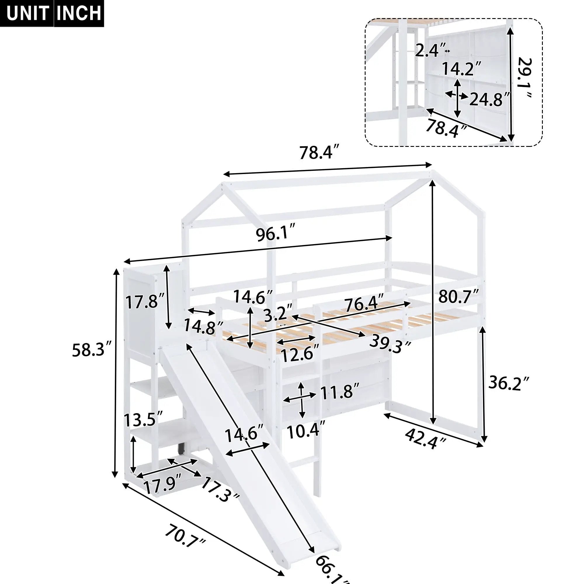 House Loft Bed With Slide, Storage Shelves And Light, Climbing Ramp by HouseOfZazla