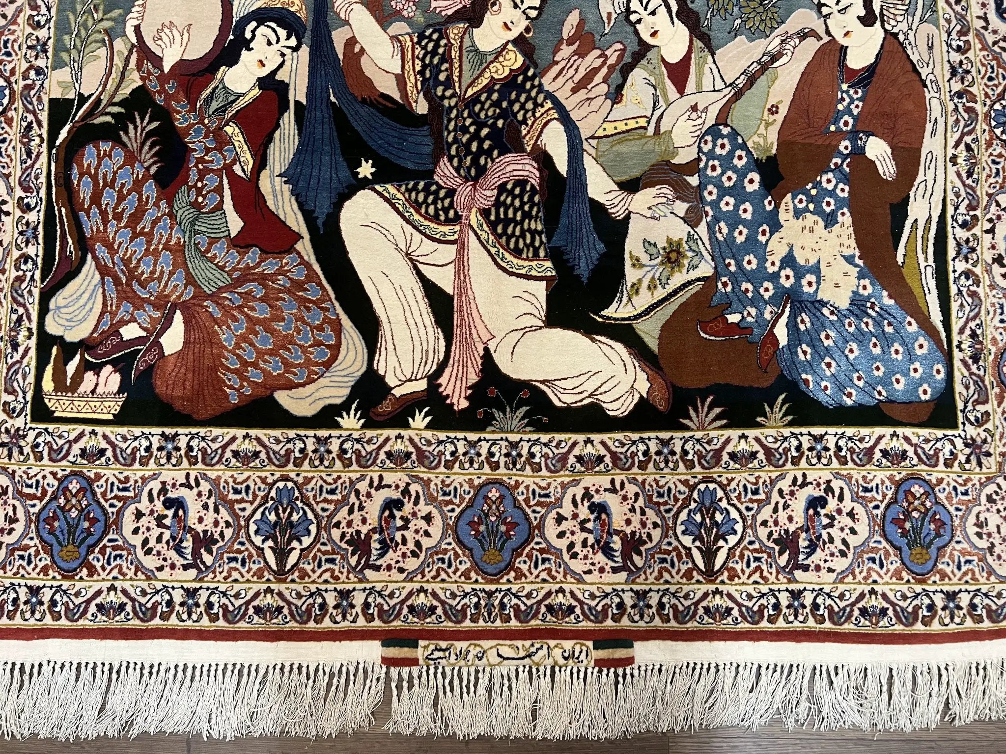 Persian Pictorial Rug 5 x 4 ft, Persian Isfahan Rug, Kork Wool on Silk Foundation, Signature from Master Weaver, Drums and Musical Instruments, Birds, Detailed by Jewel Rugs