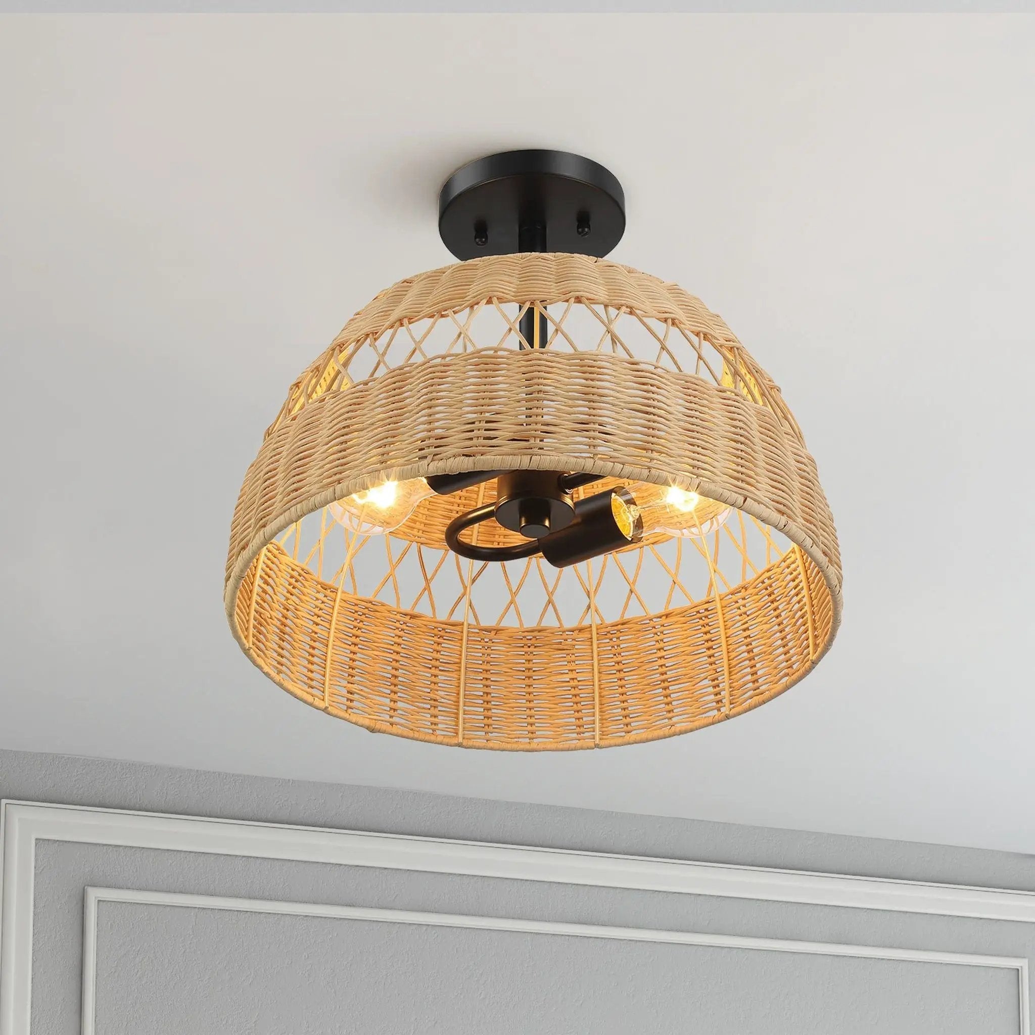 Twinkle - Double Lights Semi Flush With Shade - Black / Rattan by Unique Piece Furniture