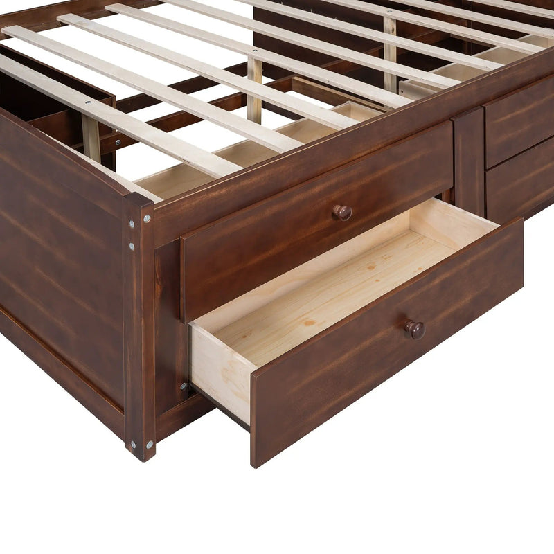 Full Size Captain Bed With Built In Storage Shelves, 4 Drawers And 2 Cabinets - Antique Brown by HouseOfZazla