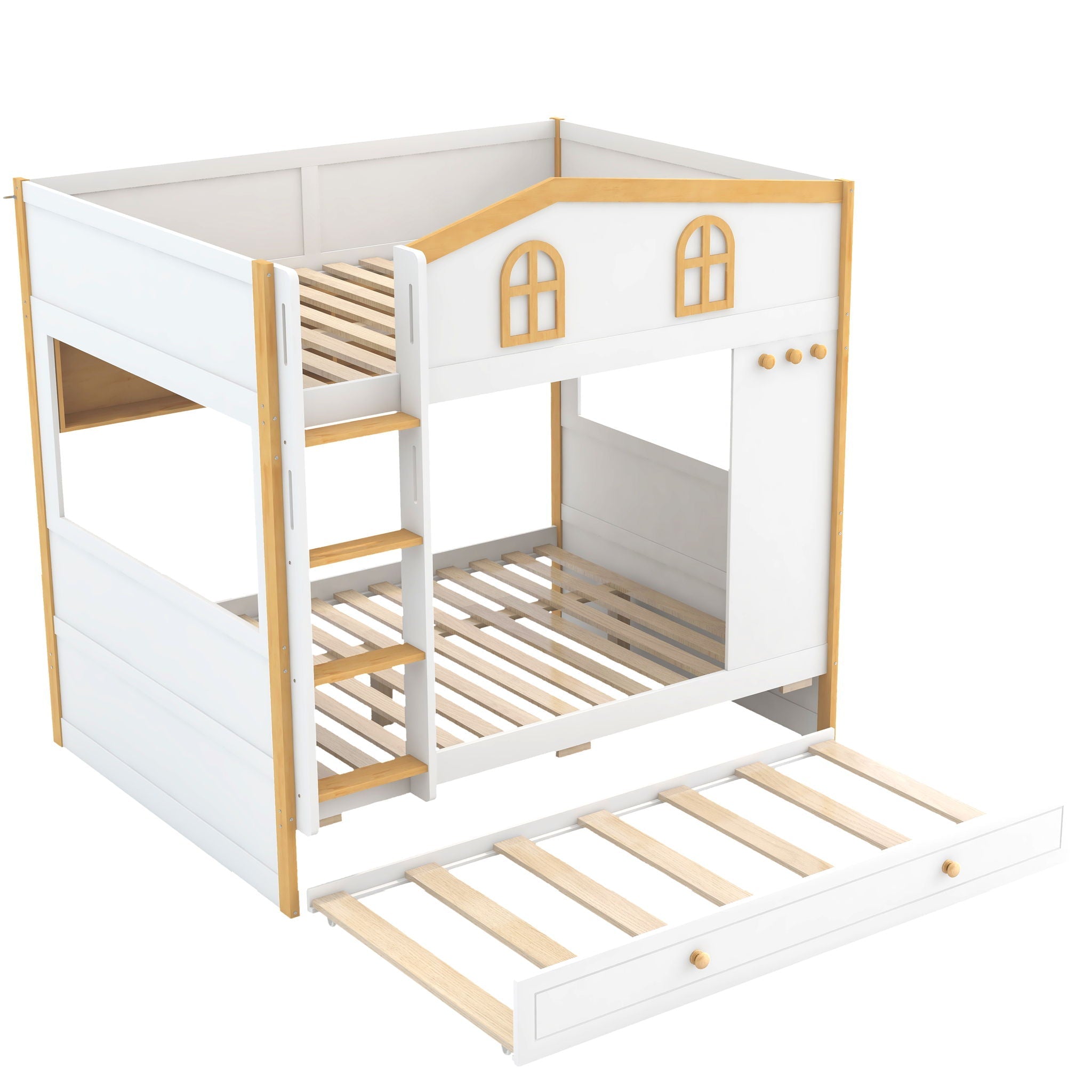 Full Over Full Bunk Bed With Storage Shelves And Trundle - White / Natural by HouseOfZazla