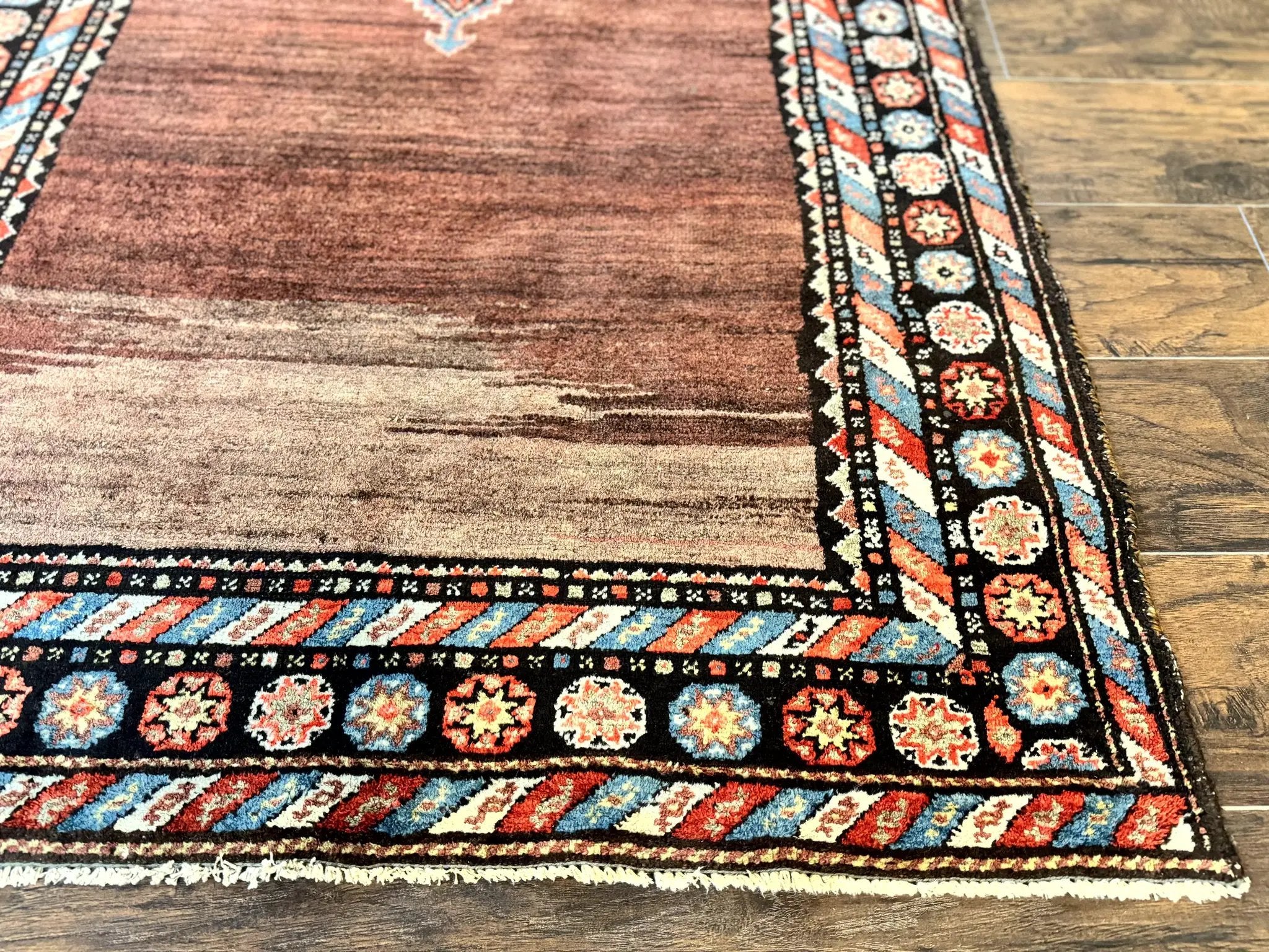 Antique Persian Rug 4x7, Sarab Tribal Wool Carpet, Brown and Multicolor, Handmade Wide Runner Rug 4 x 7, Open Field, Rainbow Border by Jewel Rugs