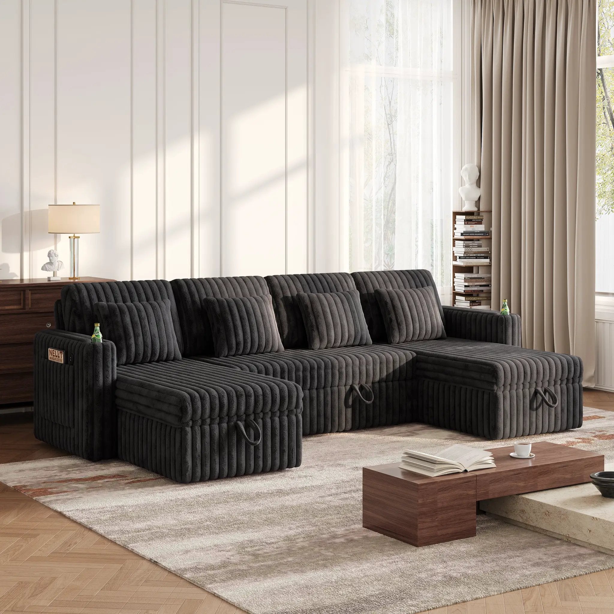 U Shaped Plush Corduroy Fluffy Sectional Sleeper Sofa by HouseOfZazla