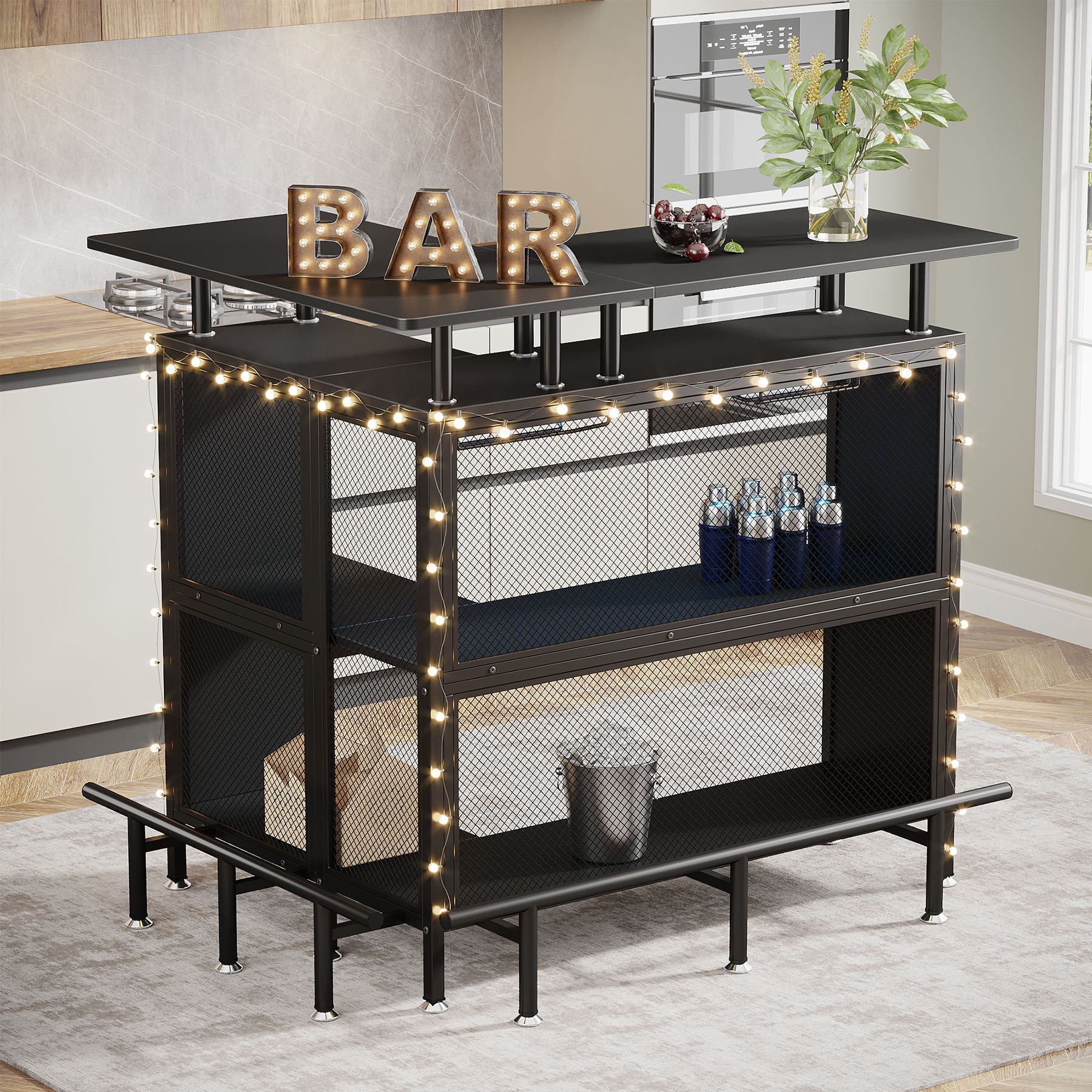 L Shaped Home Mini Bar Table With 2 Tier Shelves & Glass Racks - Black by HouseOfZazla