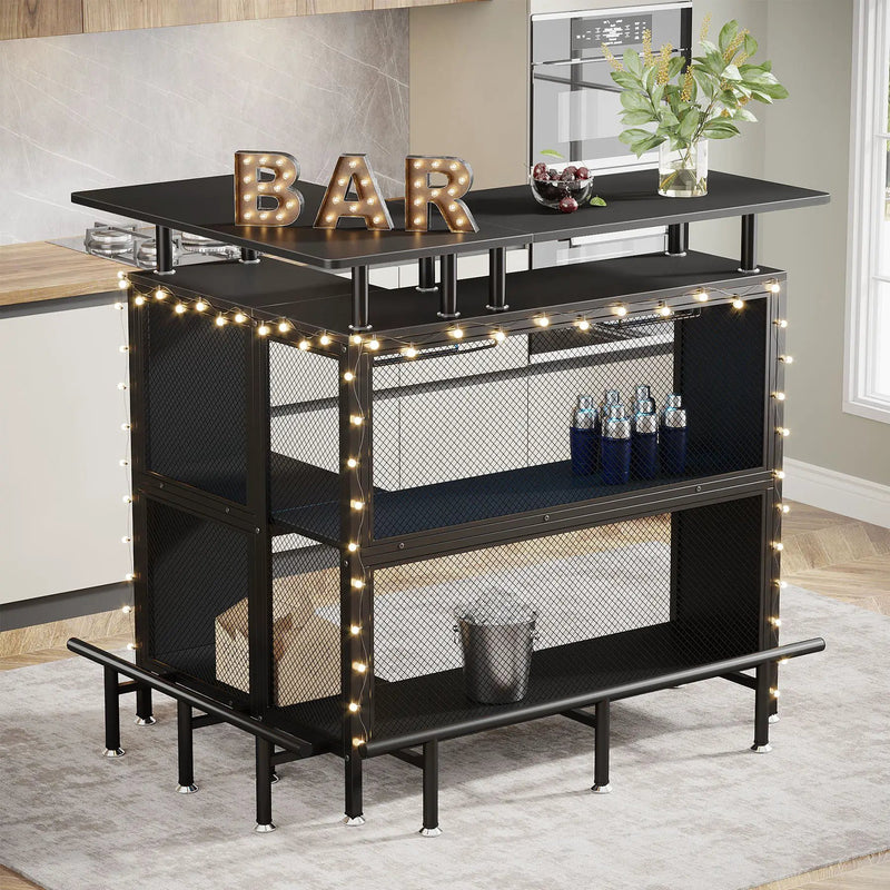 L Shaped Home Mini Bar Table With 2 Tier Shelves & Glass Racks - Black by HouseOfZazla