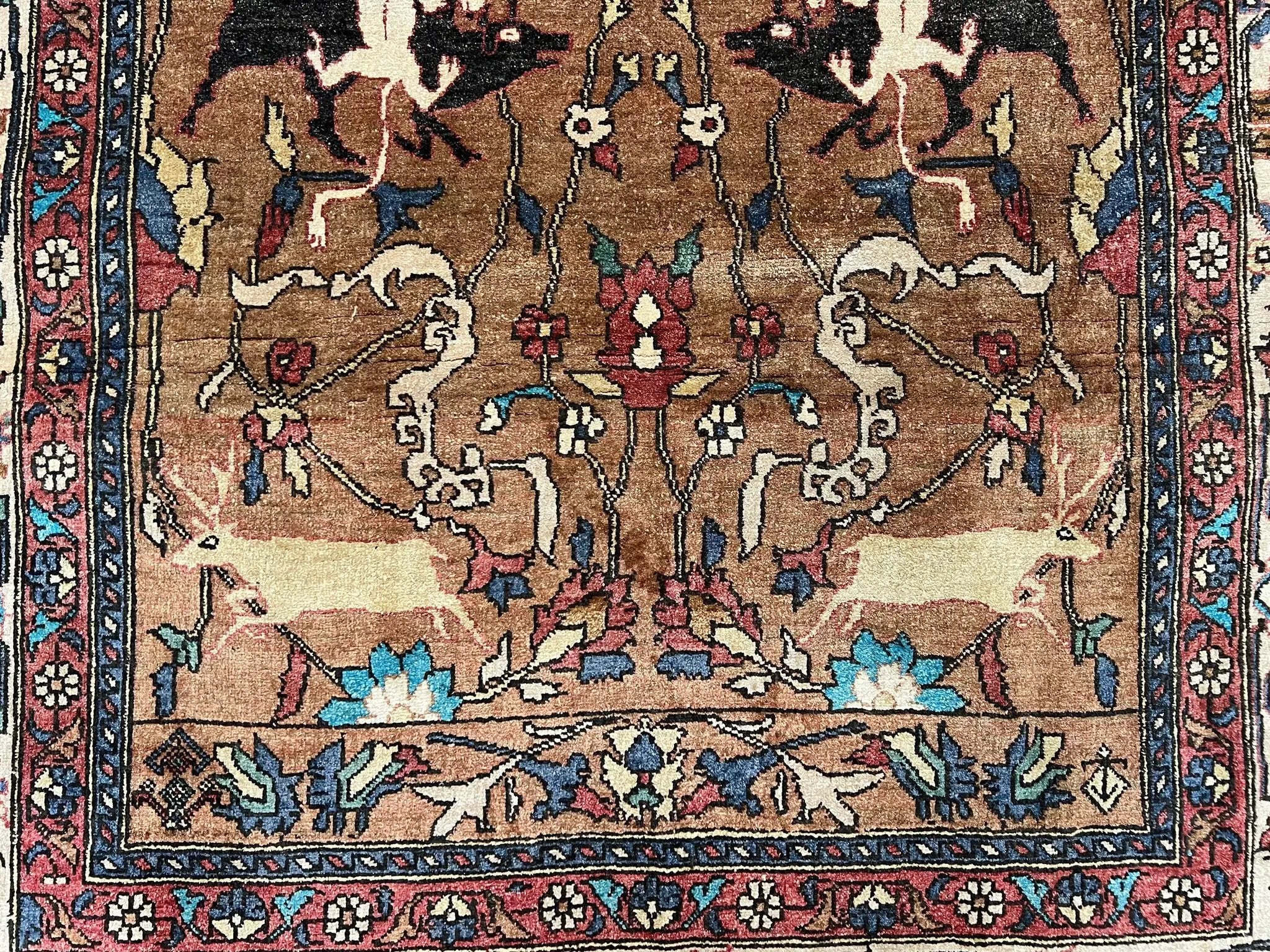 Unique Afghan Silk Rug 4x6, Hunting Pattern Animal Motifs, Light Brown and Cream, Persian Handwritten Poetry, Fine 1940s Oriental Carpet Wow by Jewel Rugs