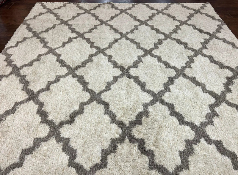 Modern Shag Rug, Ivory and Gray, Diamond Panel Design, Room Sized Area Rug by Jewel Rugs