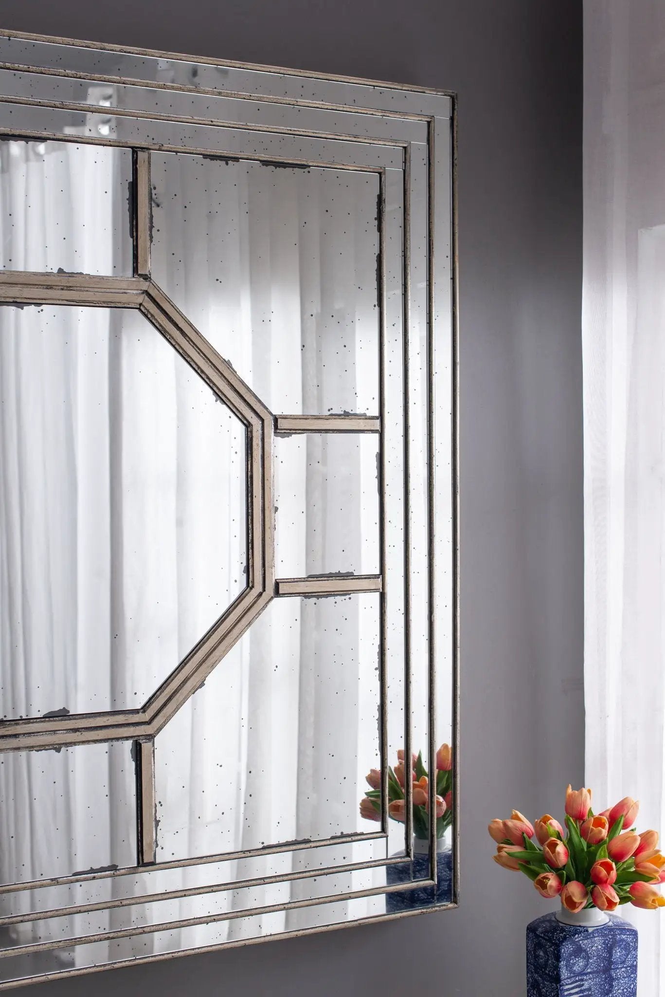 Antique Style Decorative Square Wall Mirror With Mirrored Frame, Wall Decor For Living Room Entryway, Console Lean Against Wall - Silver by HouseOfZazla