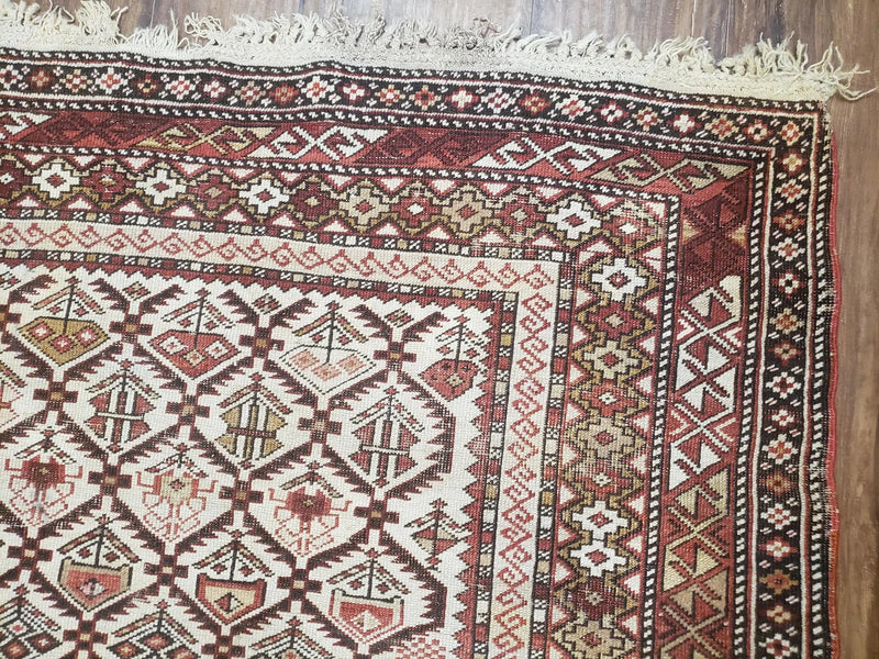 Antique Caucasian Shirvan Rug 4x6, Dagestan Area Rug, Wool Hand-Knotted Soft Red & Ivory 1920s Oriental Carpet, Soft Muted Colors by Jewel Rugs