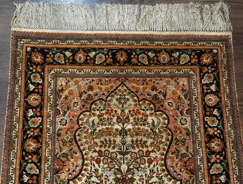 Exceptional Silk Rug 2.6 x 4, Very Fine 630 KPSI, Persian Vase Tree of Life Bird Pictorials, Handmade by Jewel Rugs