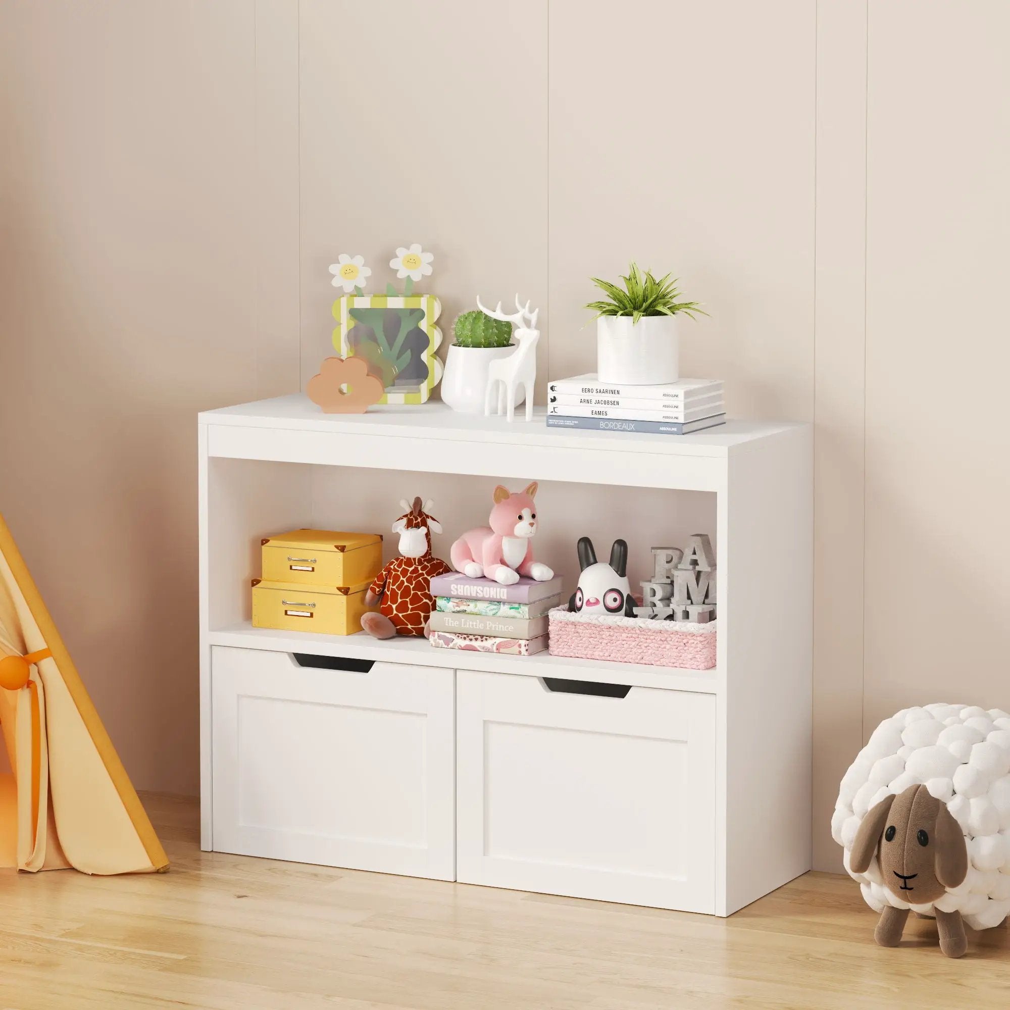 Book Organizer With Large Drawers And Open Shelves, Toy Storage Cabinet With Removable Wheels And Rounded Edges - White by Unique Piece Furniture