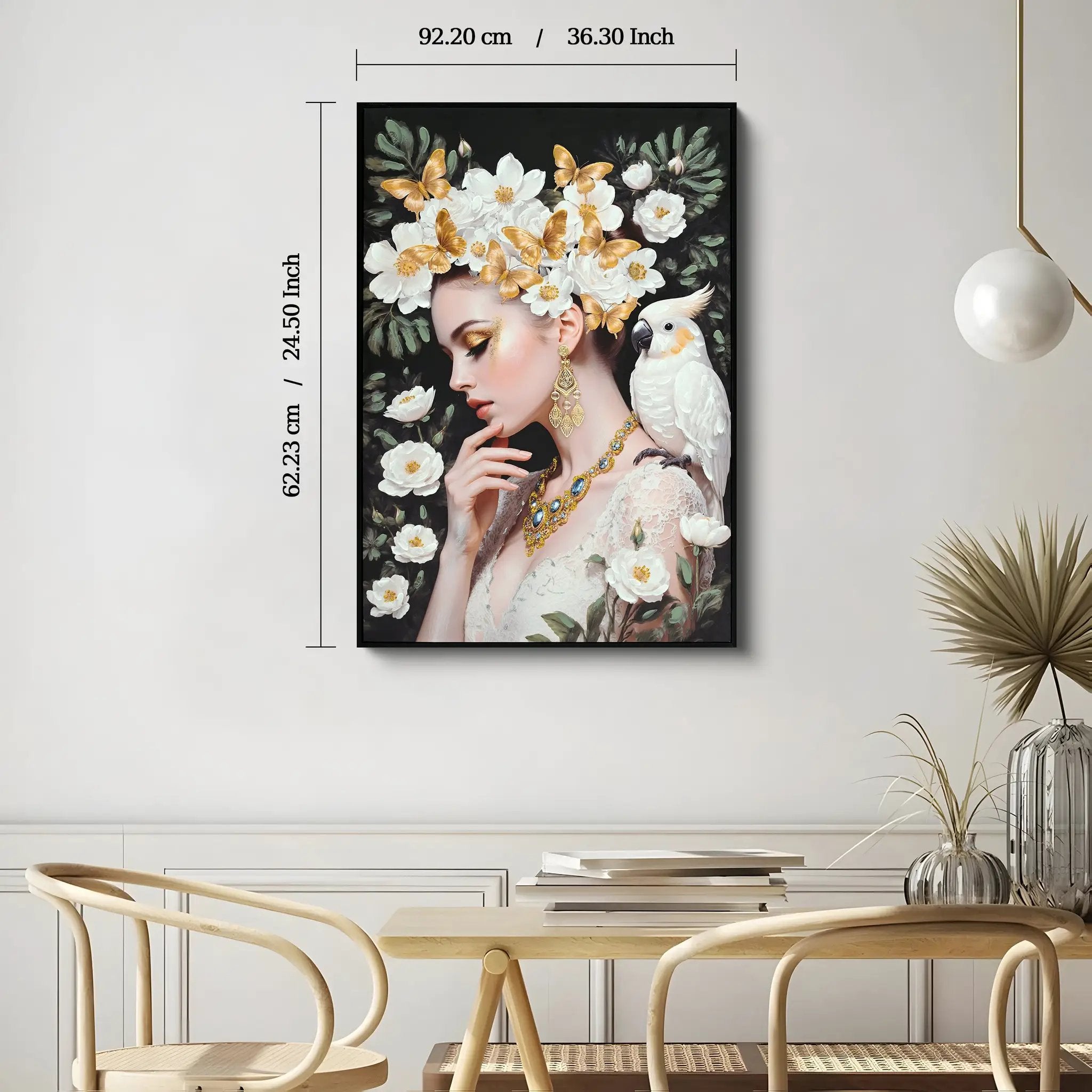 Beauty Lady Wall Art Gold and White Floral Canvas 24x36 Inch by HouseOfZazla