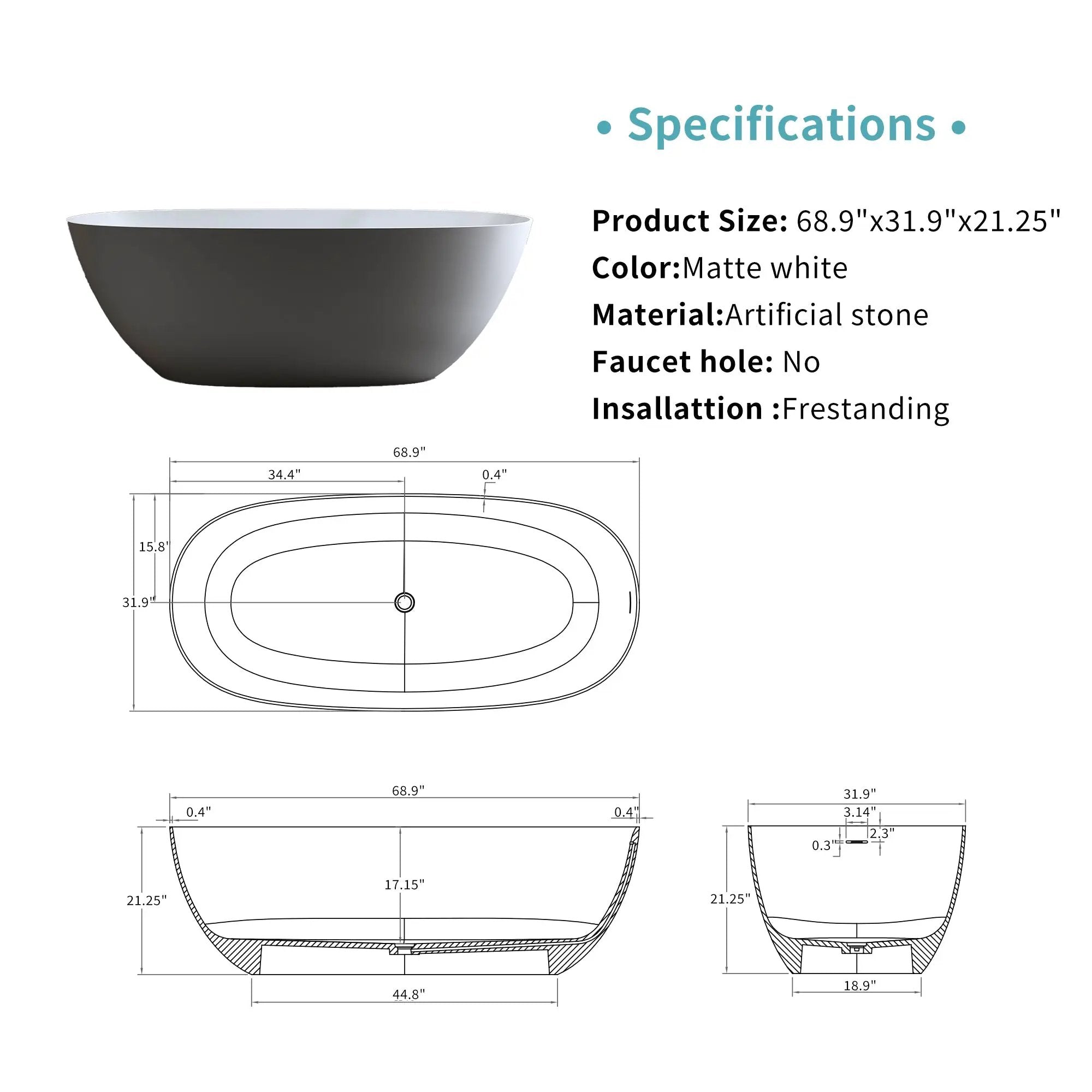 69" Freestanding Bathtub Resin Stone Soaking Tub by HouseOfZazla