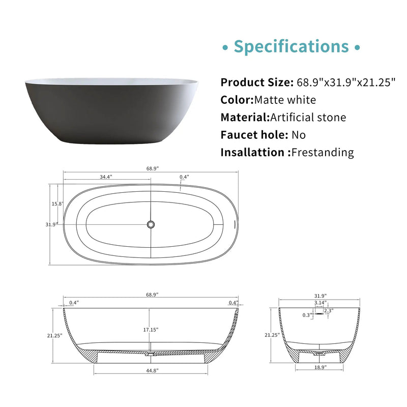 69" Freestanding Bathtub Resin Stone Soaking Tub by HouseOfZazla