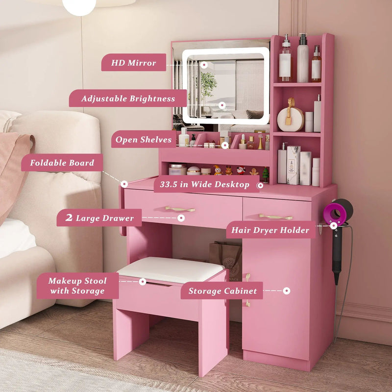 Vanity Desk With LED Mirror Lights And Power Outlet Charging Station, 3 Drawers, 7 Shelves, Storage Stool - Pink by Unique Piece Furniture