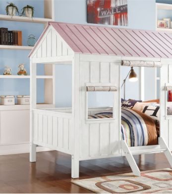 Full Canopy Bed with Wood Frame and Curtains - White / Pink, photo 2 of 4