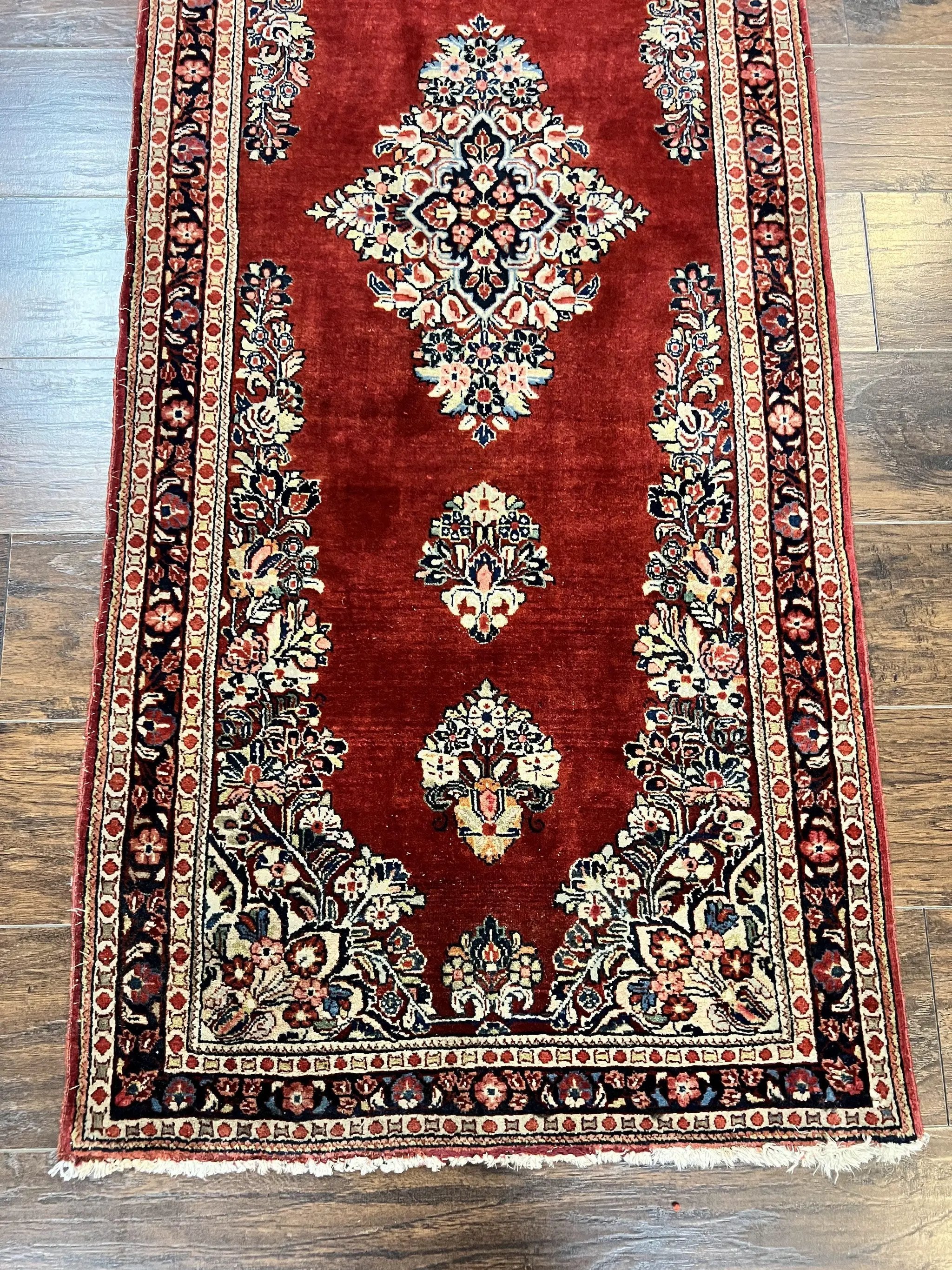 Persian Sarouk Runner Rug 2.7 x 6, Semi Open Field, Red, Handmade Hand Knotted, Wool Oriental Carpet, Vintage Semi Antique by Jewel Rugs