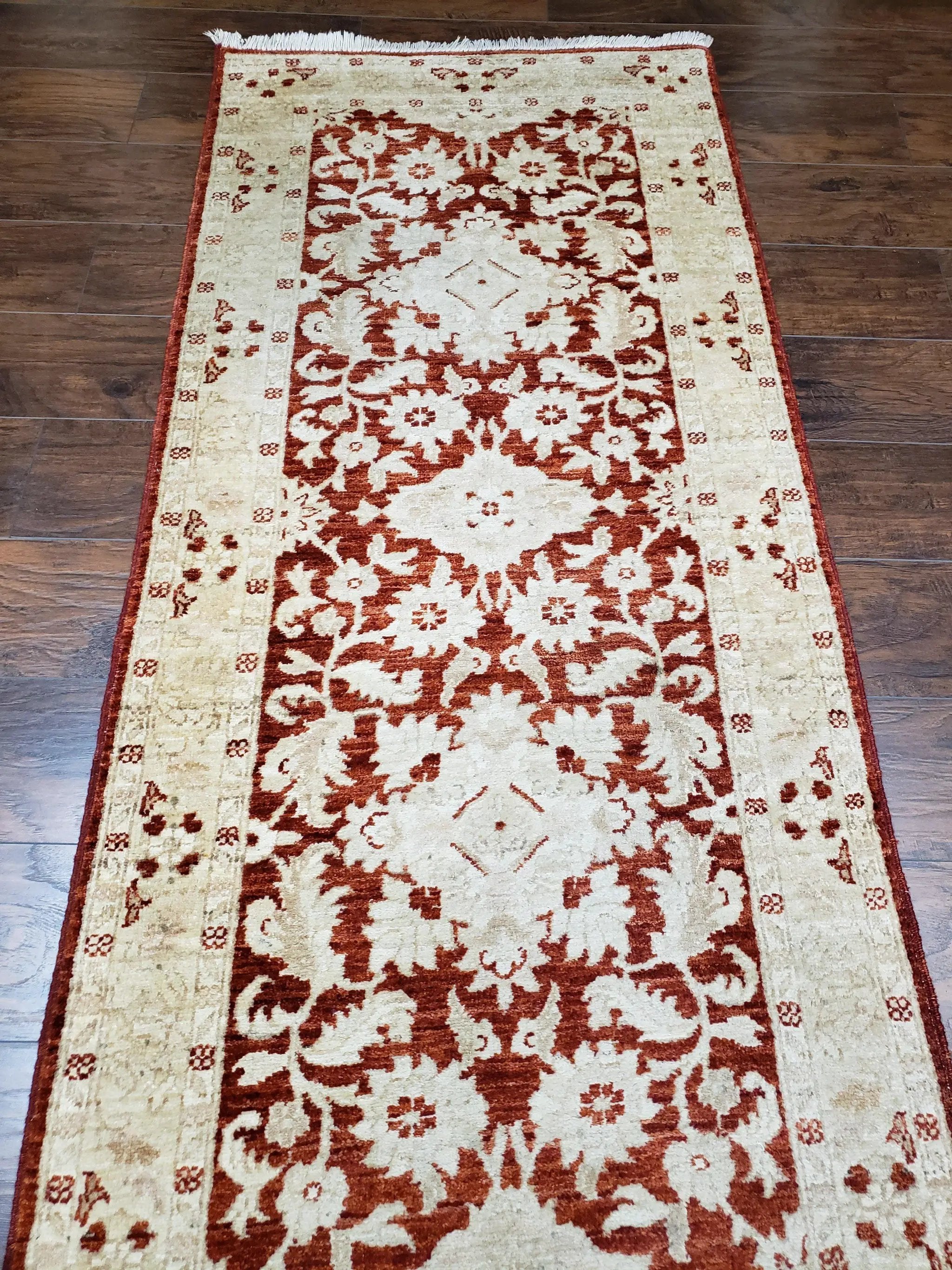 21 ft Runner Rug Long Hallway Runner, 3 x 21 Corridor Rug, Peshawar Pak Persian Chobi Agra Rug, Maroon and Beige Large Flowers Wool Handmade by Jewel Rugs