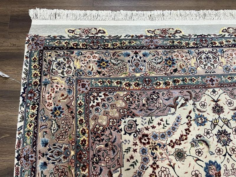 Beautiful Pak Persian Rug 6x9, Floral Medallion, Wool and Silk, Highly Detailed Elegant Carpet, Vintage Oriental Rug 6 x 9, Cream and Gray by Jewel Rugs