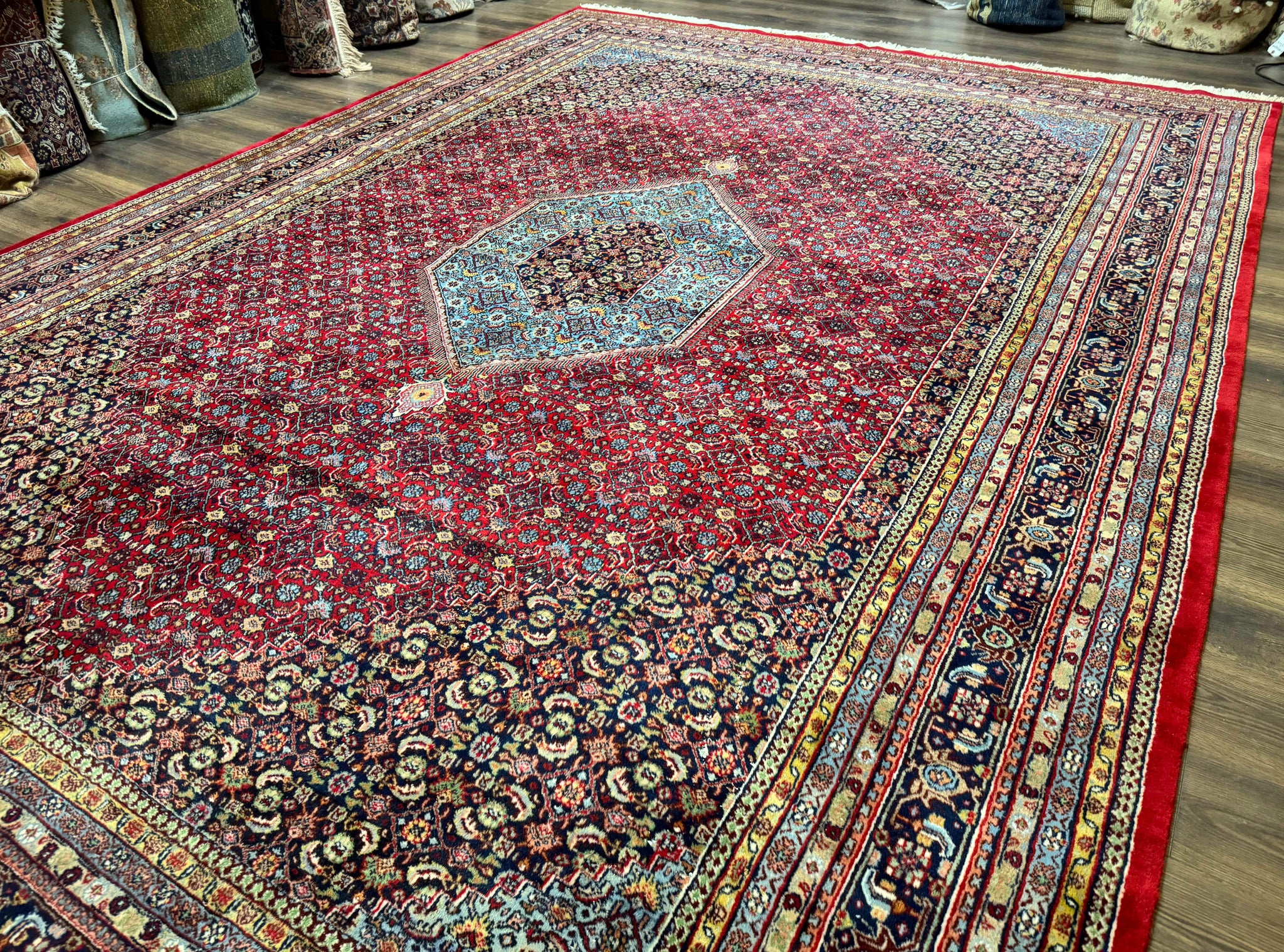 Indo Persian Bidjar Rug 10x14, Red and Dark Blue, Herati Mahi Pattern, Vintage by Jewel Rugs