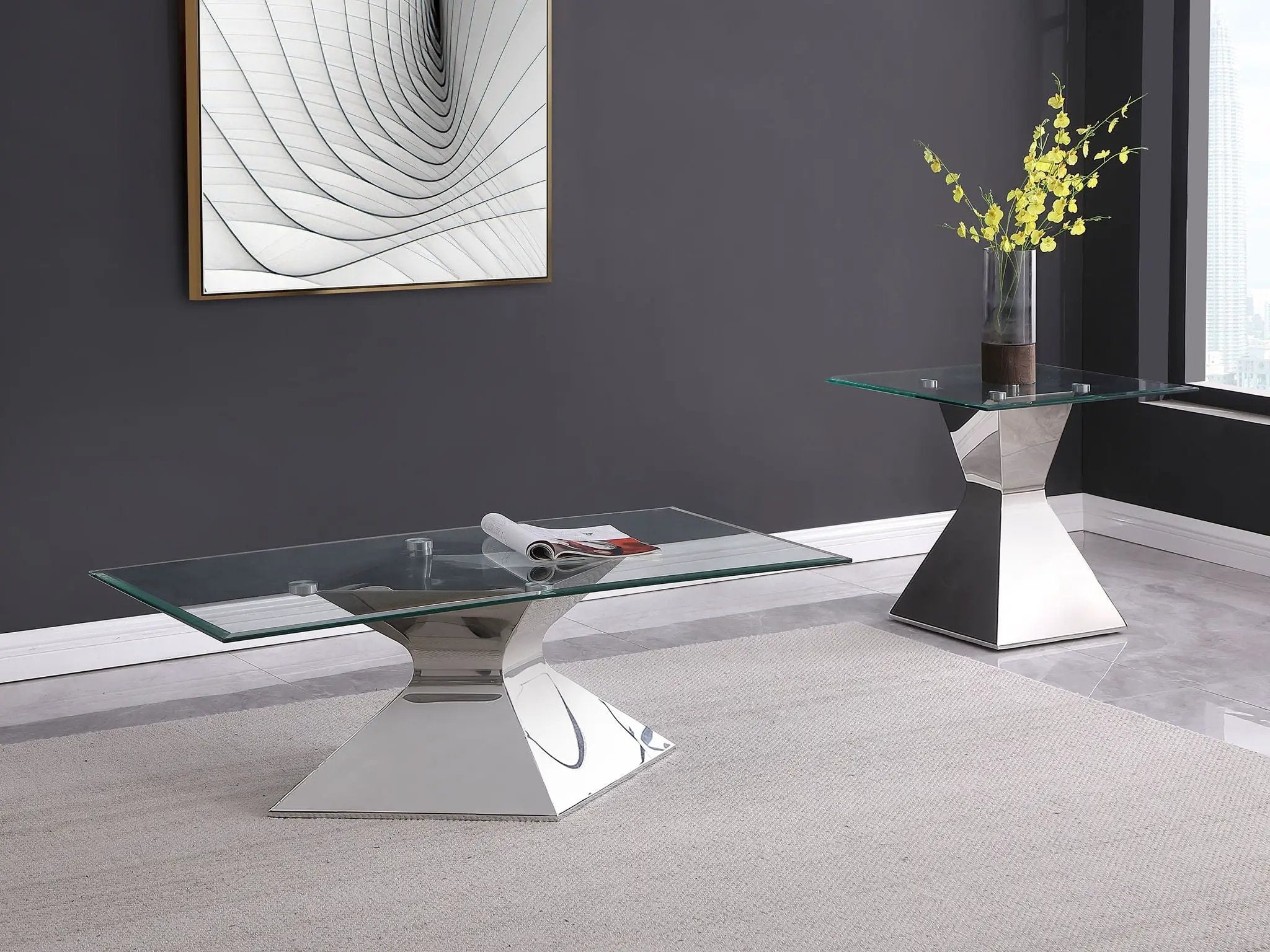 Jenny Glass Top Stainless Steel Coffee Table Chrome by Unique Piece Furniture