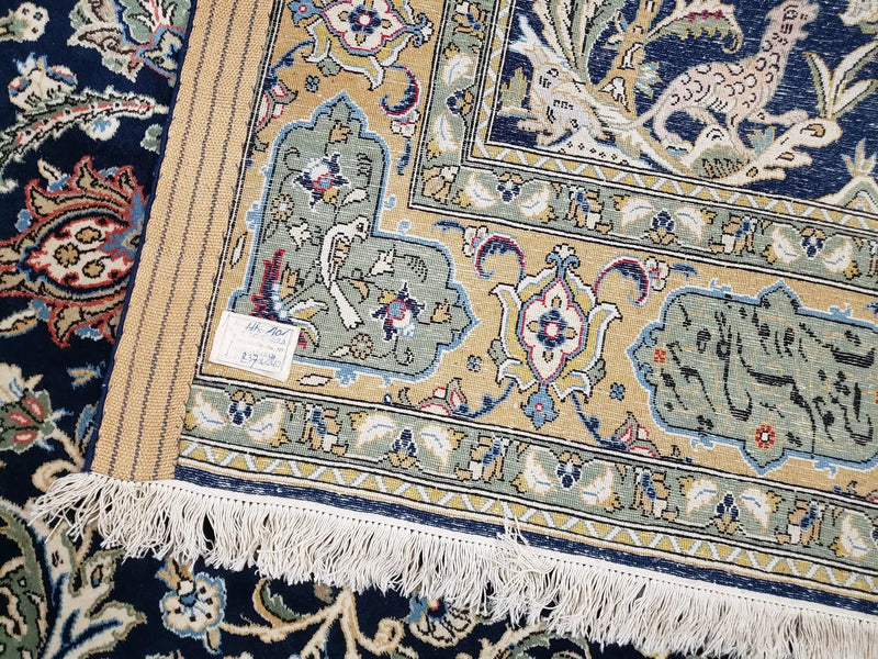 Semi Antique Persian Qum Tree of Life Rug, Hand-Knotted, Wool, Midnight Blue and Tan, Animal Pictorials, Written Poem in Borders, 4' 8" x 7' 8" by Jewel Rugs