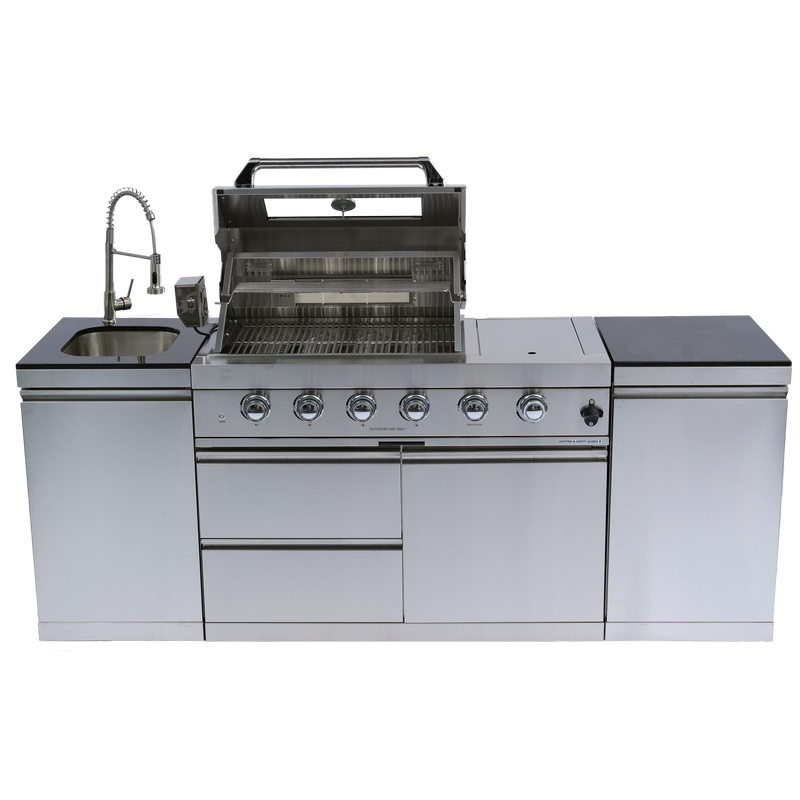 NG 85" 4-Burner 72,000 BTU Silver Outdoor Kitchen Island Grill + Side B & Storage Cabinets & Sink by Chery Industrial