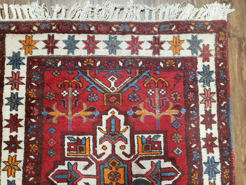 Antique Persian Heriz Karajeh Runner Rug 3x11, Hand-Knotted Red Geometric Medallions by Jewel Rugs