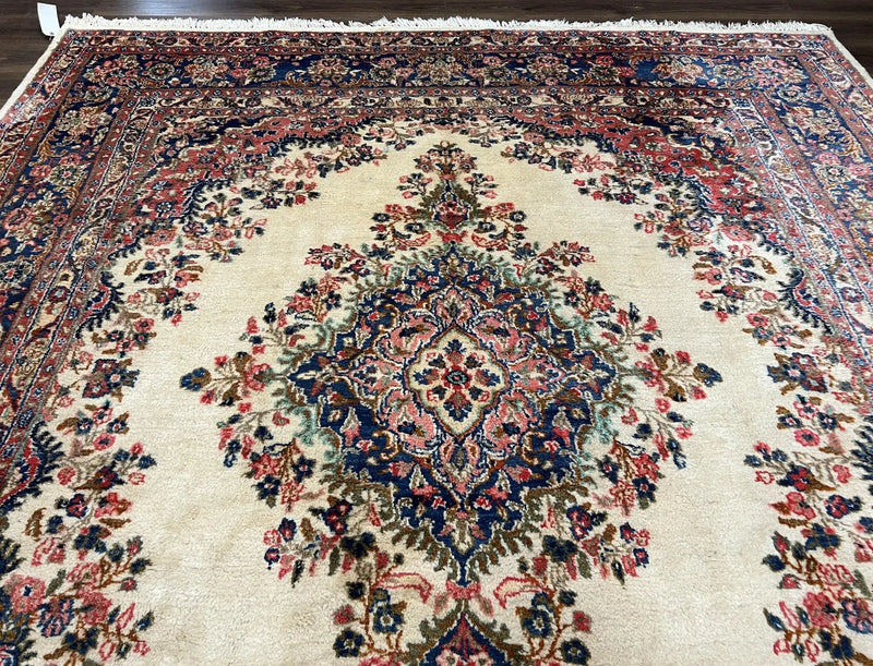 Persian Rug 9x10, Hamadan Rug, Antique Oriental Carpet, Wool Rug, Semi Open Field, Cream and Navy Blue, Kirman Design Hand Knotted Almost Square Rug by Jewel Rugs