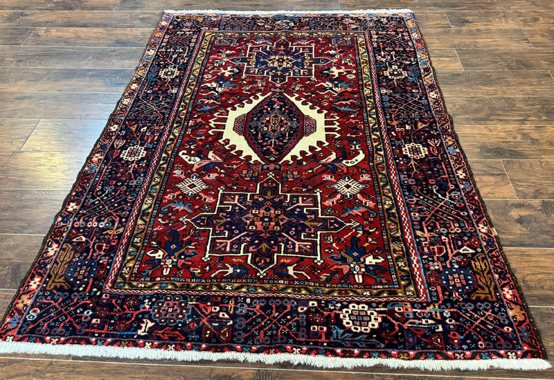 Persian Karajeh Rug 5x6, Antique Heriz Carpet, Geometric, Persian Tribal Rug, Brick Red Navy Blue by Jewel Rugs