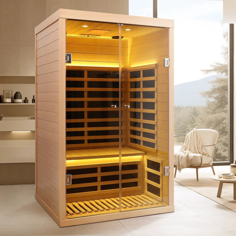Luxury Indoor Hemlock Infrared Sauna Room with Double Doors and Glass for Two Persons by HouseOfZazla