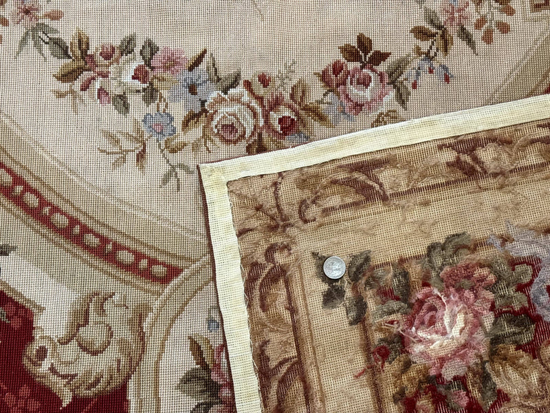 Aubusson Rug 8x11, Needlepoint Carpet, Red Ivory Beige, Vintage, French European Design by Jewel Rugs
