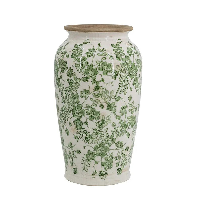 6.5x6.5x11.6 White Ceramic Flower Vase with Green Floral Pattern by HouseOfZazla
