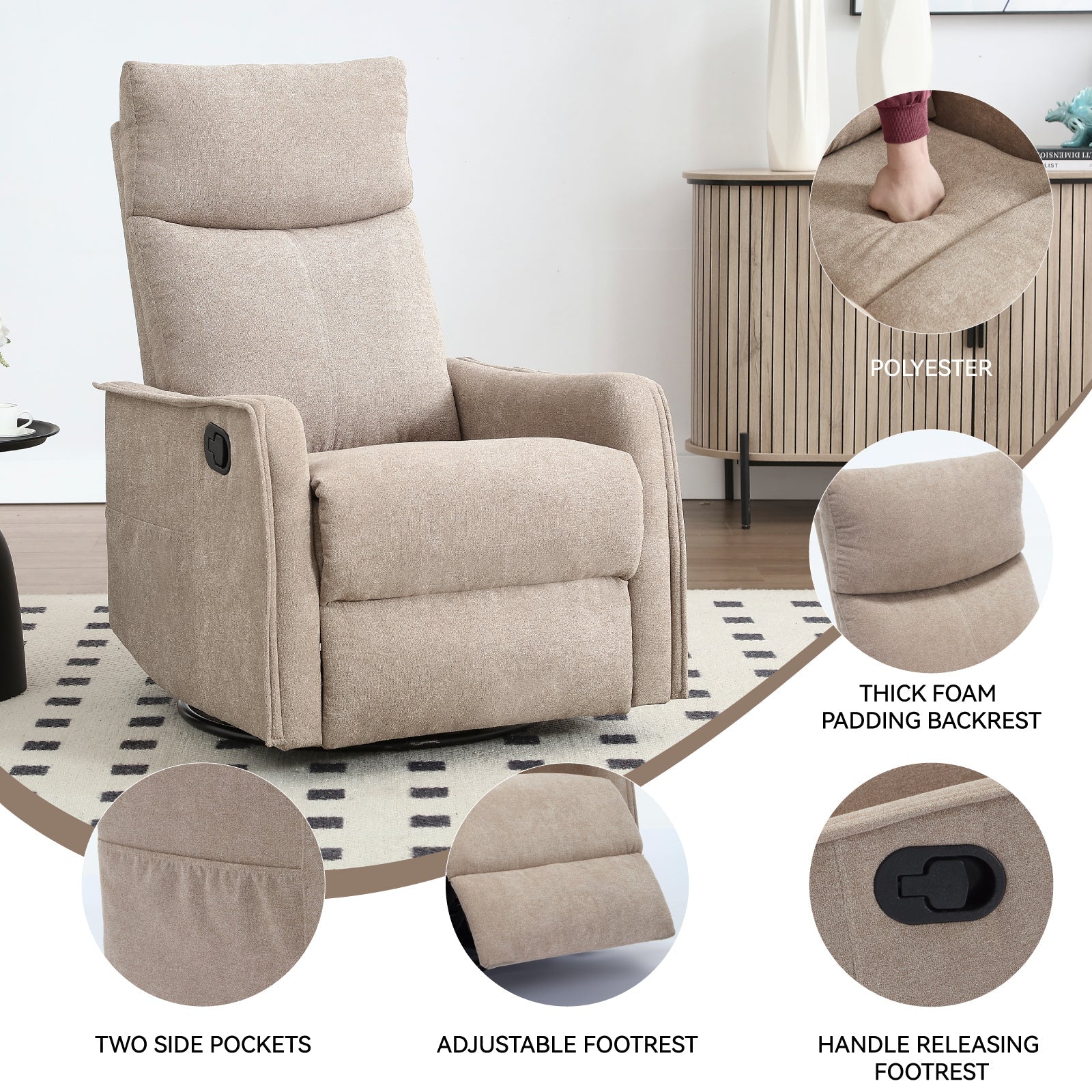 Heat Massage Manual Recliner Chair with Rocker and Swivel in Khaki by HouseOfZazla