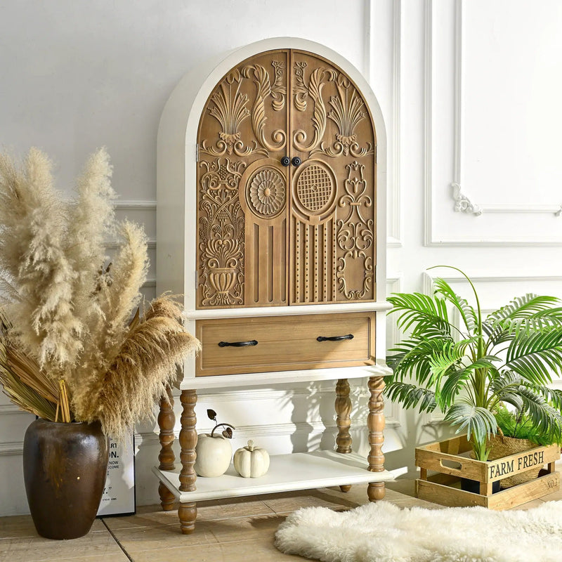 Arched Flower Carved Door Accent Sideboard Cabinet With 1 Drawer And Shelf, Cabinet For Kitchen - Natural / White by Unique Piece Furniture