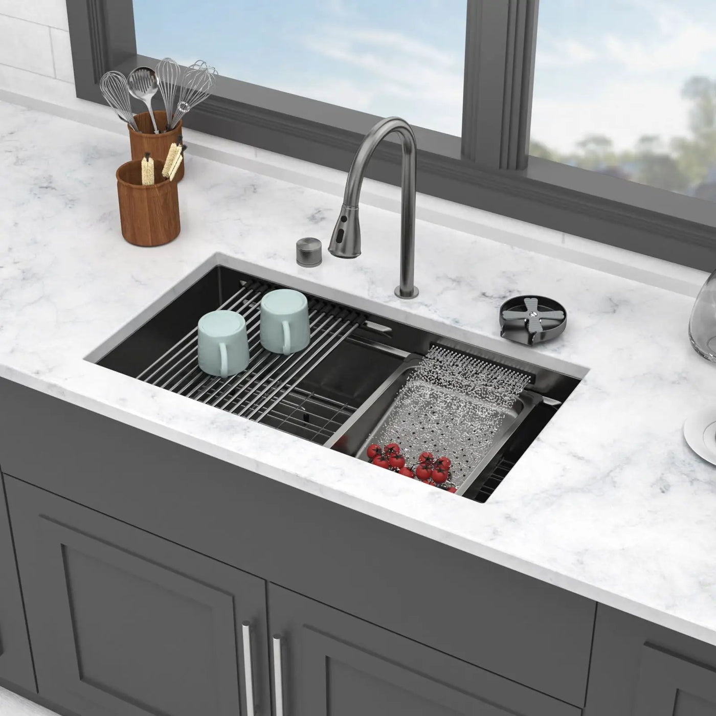 Undermount Stainless Steel Kitchen Sink With Pull Down Faucet & Ledge Workstation by HouseOfZazla