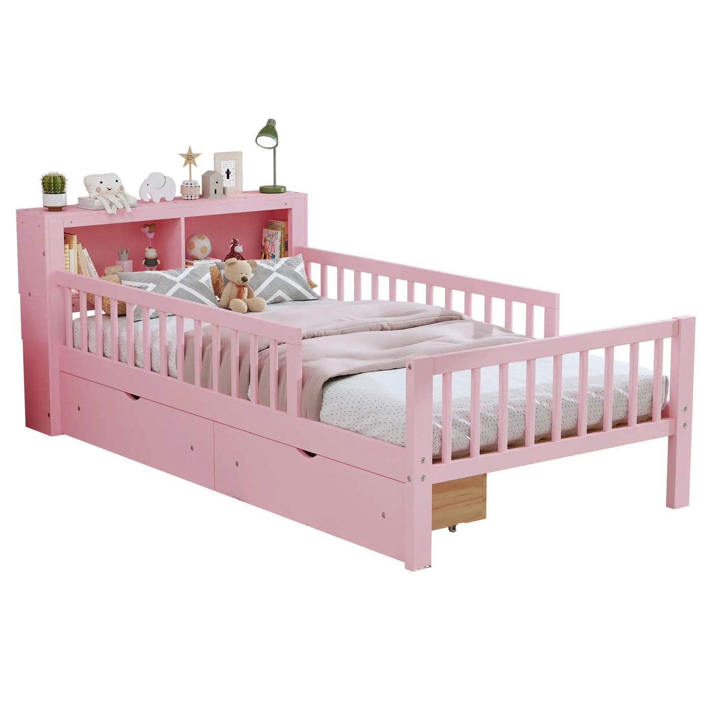 Bed With Headboard Storage Rack, 2 Under Bed Drawers, 3 Side Guardrails For Safety by HouseOfZazla