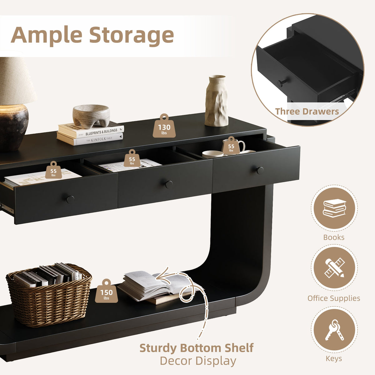Classic-Style Console Table with Storage and Display Shelf - Black, photo 9 of 10